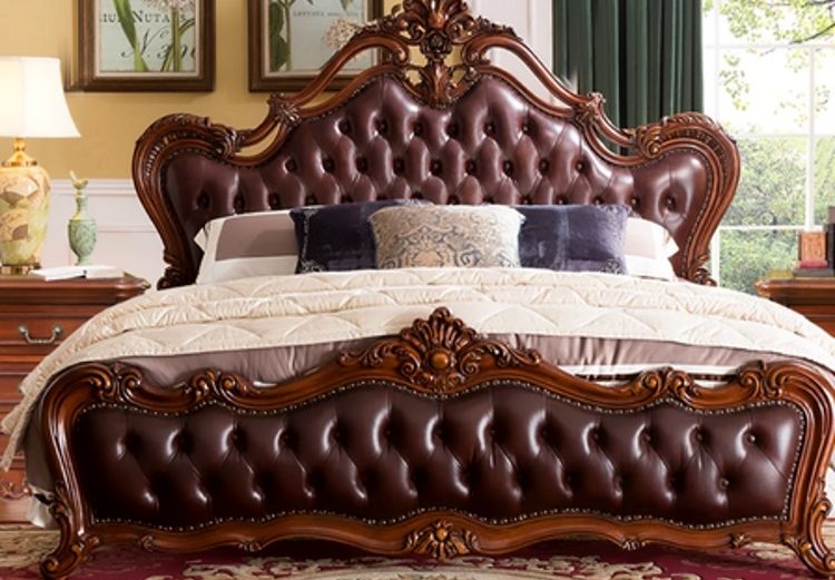 European-Style, Neo-Classical Solid Wood Leather Upholstered Carved Double Bed, Wedding Bed